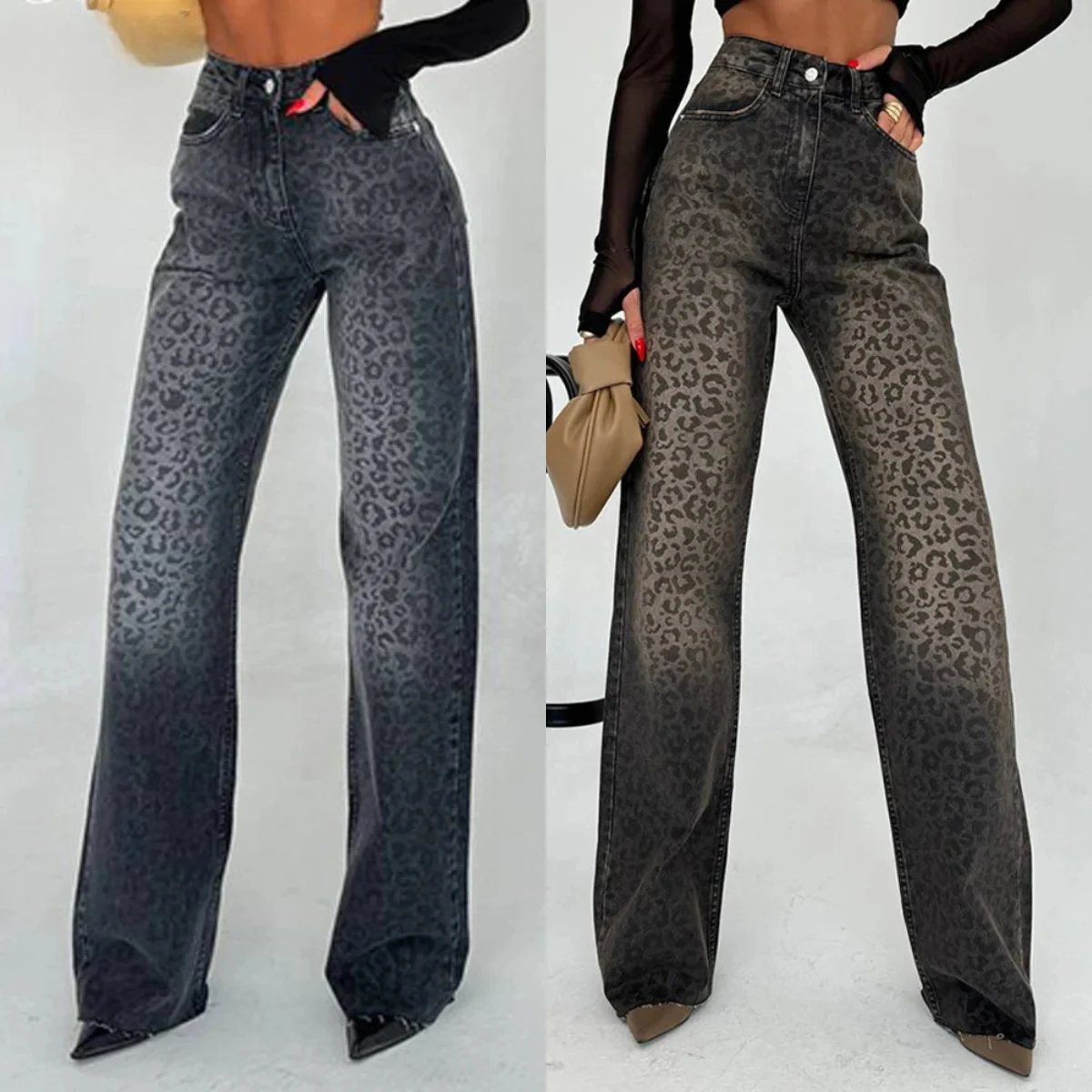 Leisure Street Fashion Leopard Print Embossing Straight Tube Lady Make Old Jeans Washed Denim Luxury Women's Clothing