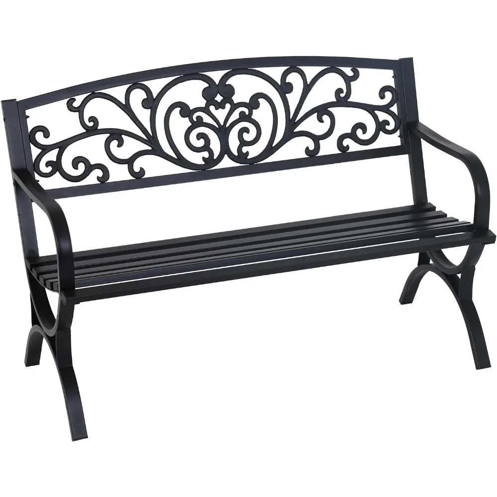 

Outdoor 50 Inches Garden Bench, Slatted Seat Armrests Floral Design Backres and Arch Legs, Perfect for Park, Yard, Porch, Lawn,