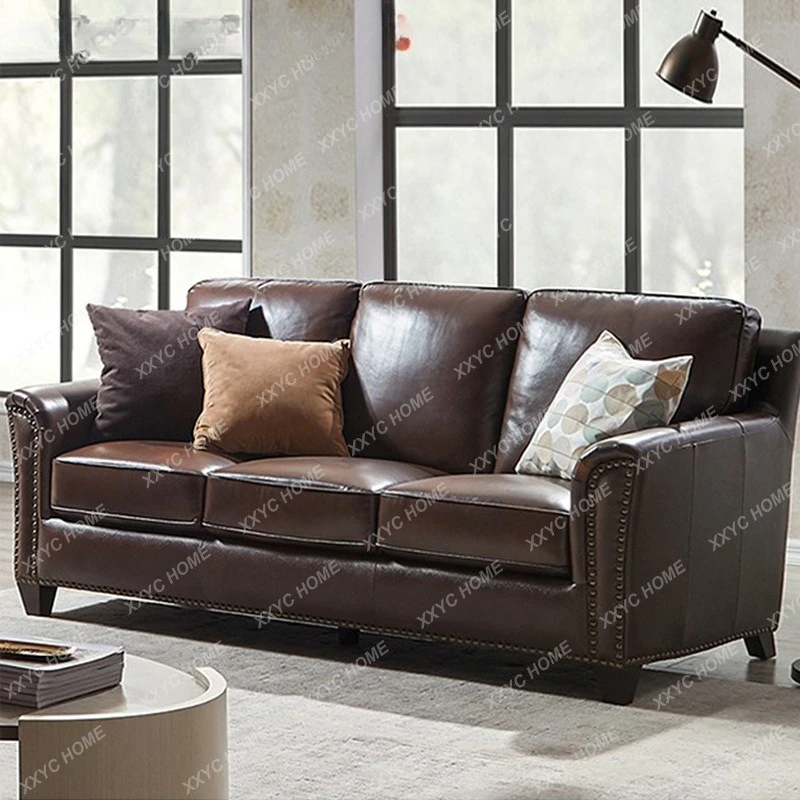 HH  leather sofa first layer cowhide all solid wood retro three-person sofa