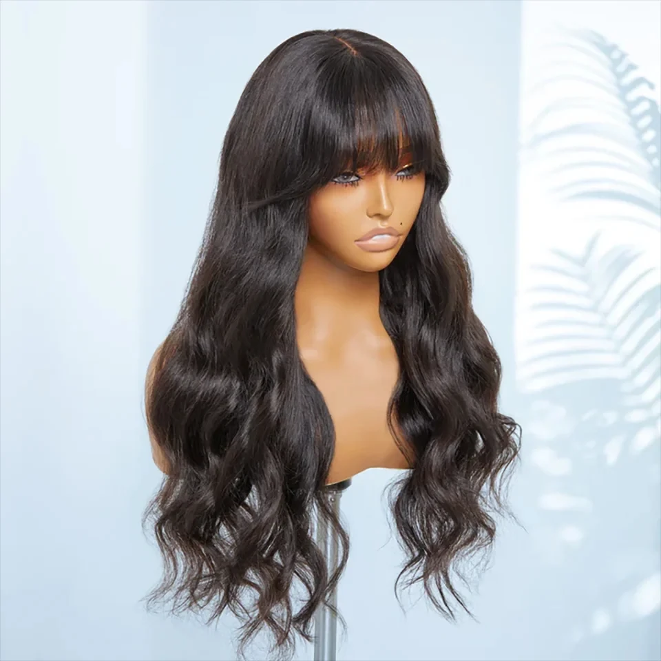 Joedir Body Wave Human Hair Lace Wigs With Curtain Bangs For Women Brazilian Remy Hair Ready to Wear Glueless HD Lace Wavy Wigs