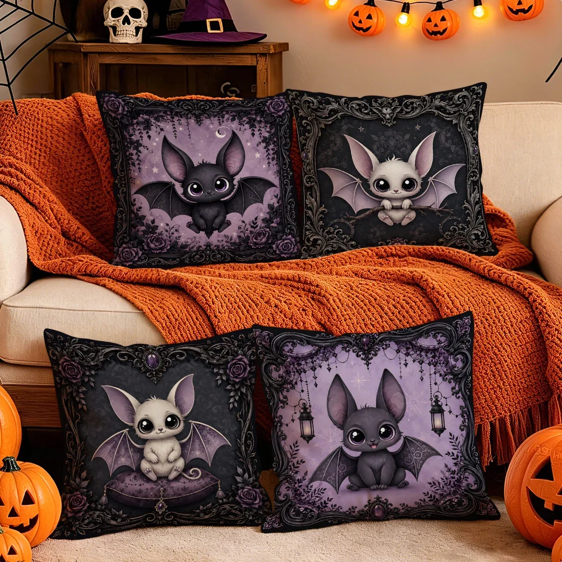 Purple Tone Gothic Cartoon Little Bat Cushions Pillowcase Polyester Cushion Cover Throw Pillow Pillowcover Home Car Sofa Decor