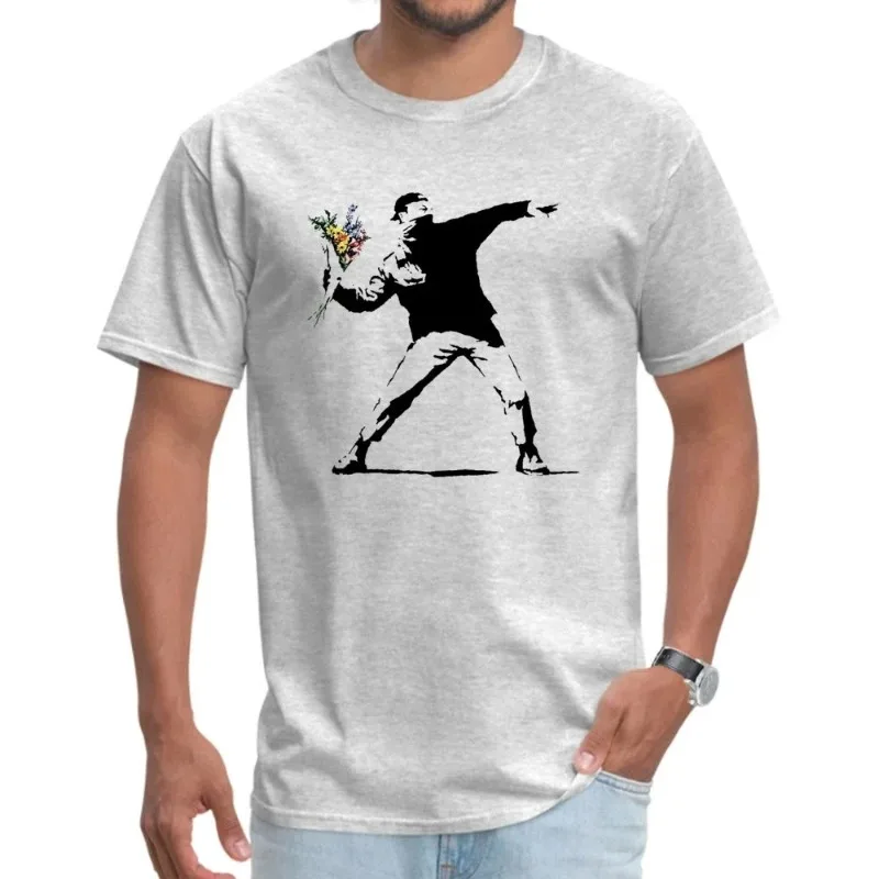 Swag Banksy Flower Thrower Men\'s Printed T-shirt Cotton Fabric Men T-shirt Novelty Street Art Designer Fashion T-shirt Plus Size