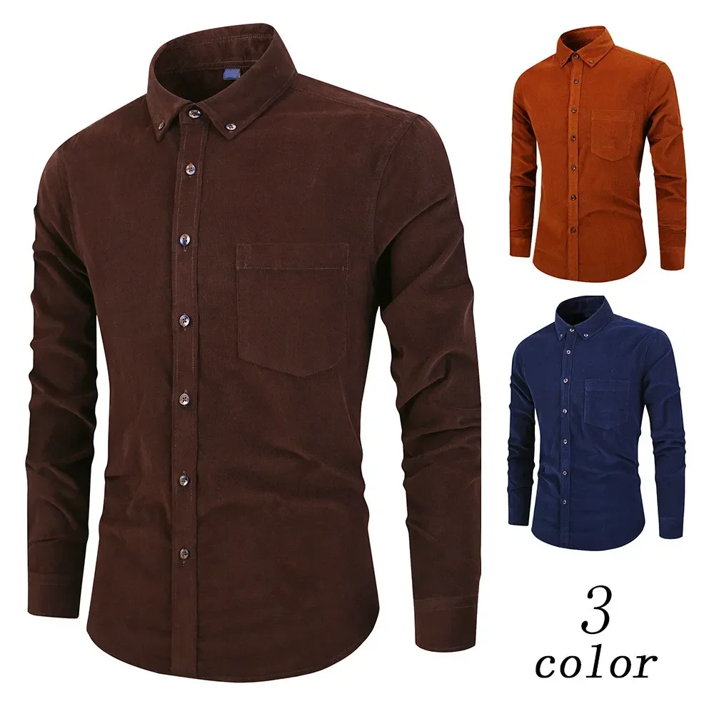 Fashion Winter Mens Cotton Corduroy Shirt Boys Long Sleeve Casual Retro Brown Male Warm Shirt Vintage Long Vintage Plus Size 3xl