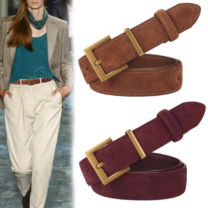 Luxury Genuine Leather Women Belt for Jeans and Dress Vintage Suede Cowhide Waistband Golden Square Buckle Ladies Trendy Belts