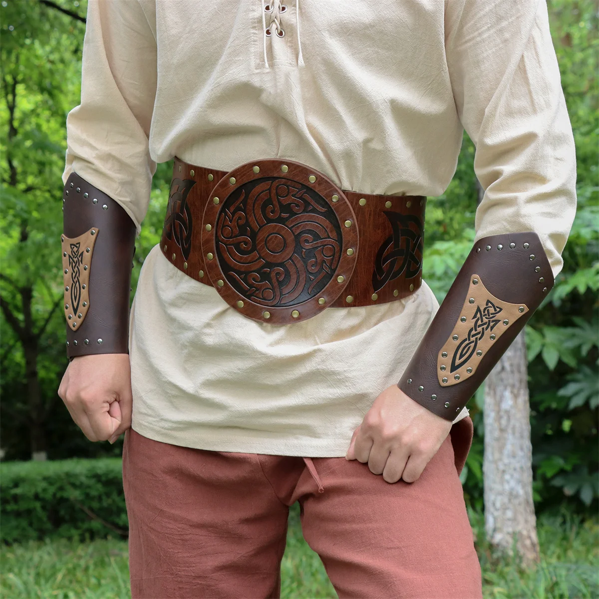 Renaissance Retro Men's Medieval Viking Wild Pu Leather Bracelet Wide Belt Samurai Costume Prop