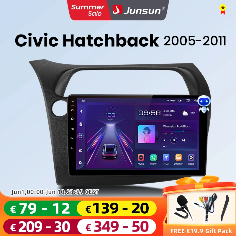 Junsun-Autoradio sans fil pour Honda Civic URA, CarPlay Android Auto, Limitation GPS, 2 Din, Back 2005-2011