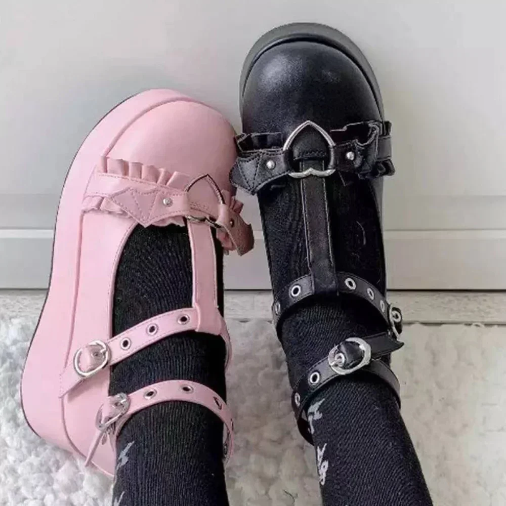 Sweet Heart Buckle Wedges Mary Janes Women Pink T-Strap Chunky Platform Lolita Shoes Woman Punk Gothic Cosplay Shoes 43