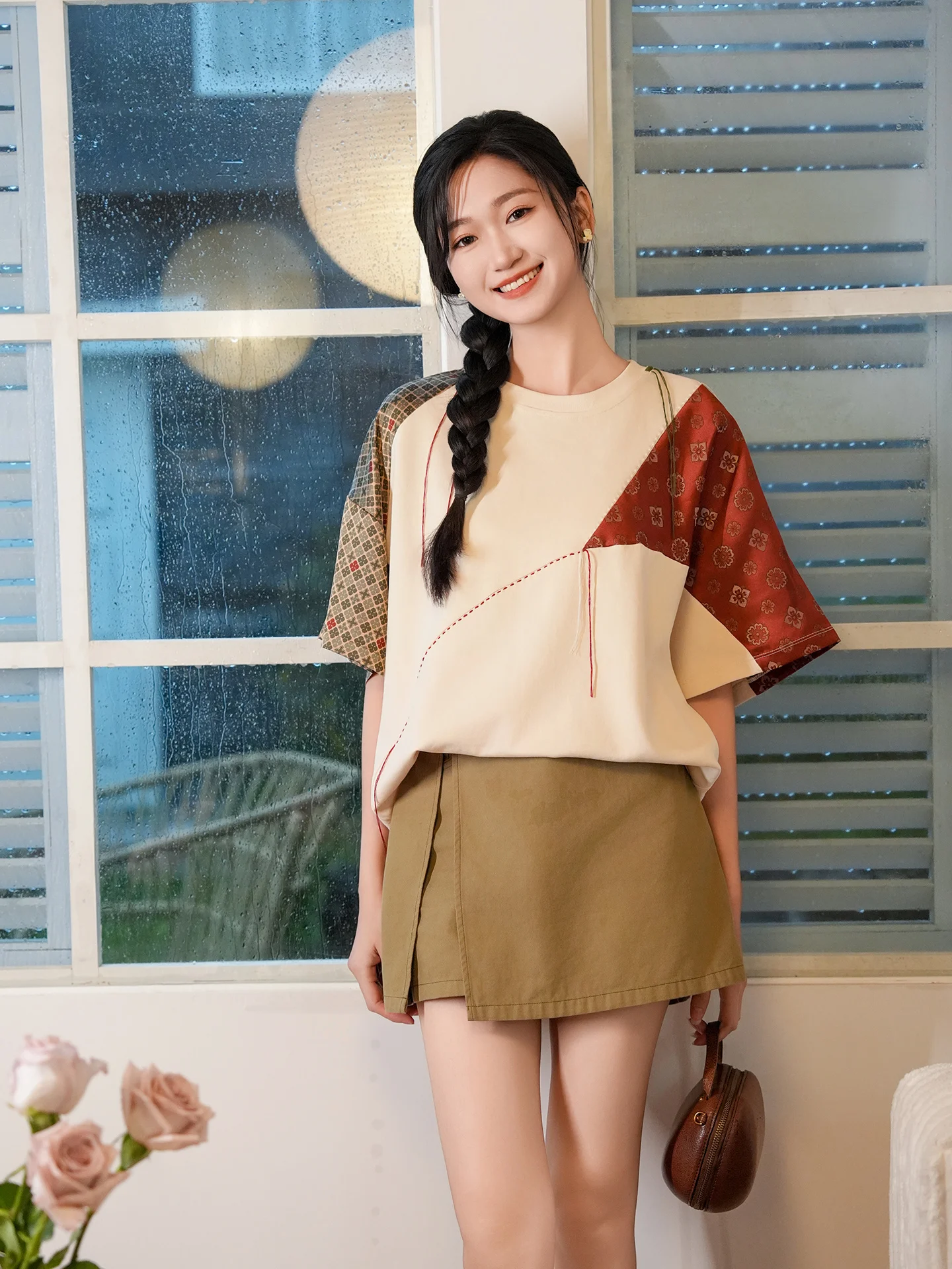 

Faionable Summer Loose oulder round Ne Splice Mid-Length Women's Top Ele Creative Sle Polyester Spandex Blend