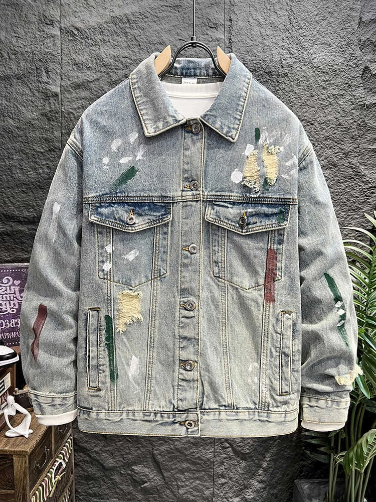 American Sle Men's Denim Jaet with Hole Design Casual Faion Workwear Jaet High Street Cool Versatile Design Top