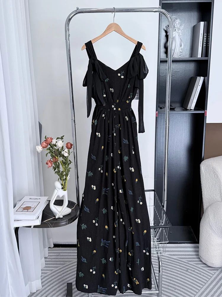 여름 고급 플로럴 프린트 원피스 팬츠 세트 여성용 우아하고 캐주얼하며 편안하고 통기성 좋은 롱...