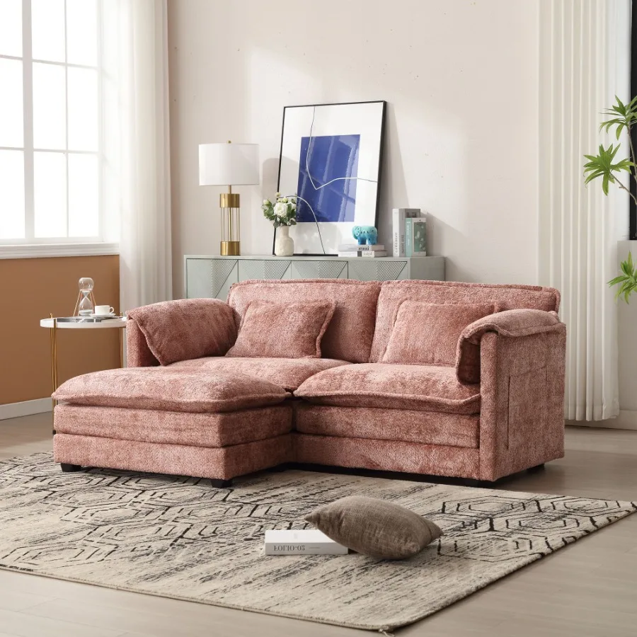 

UNITED WE WIN Chenille fabric removable armrests with side pockets high density sponge filling oversized double sofa with foots