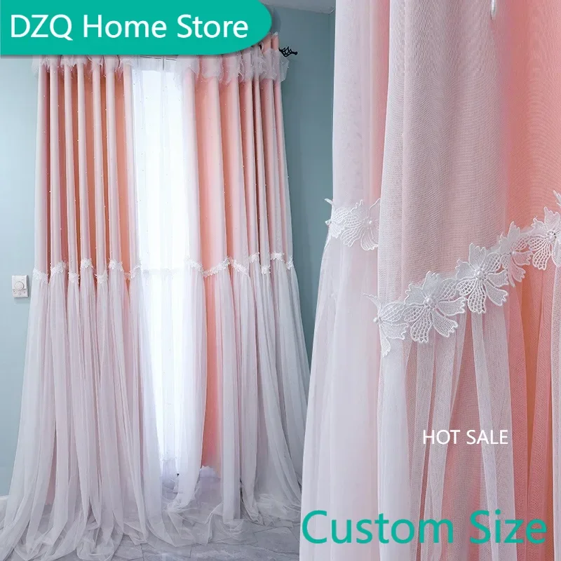 

Princess 2 Layers Blackout Curtains for Living Room, Korean Pearls Wedding Window Drapes for Girls' Bedroom,Pink Cortinas Tulle