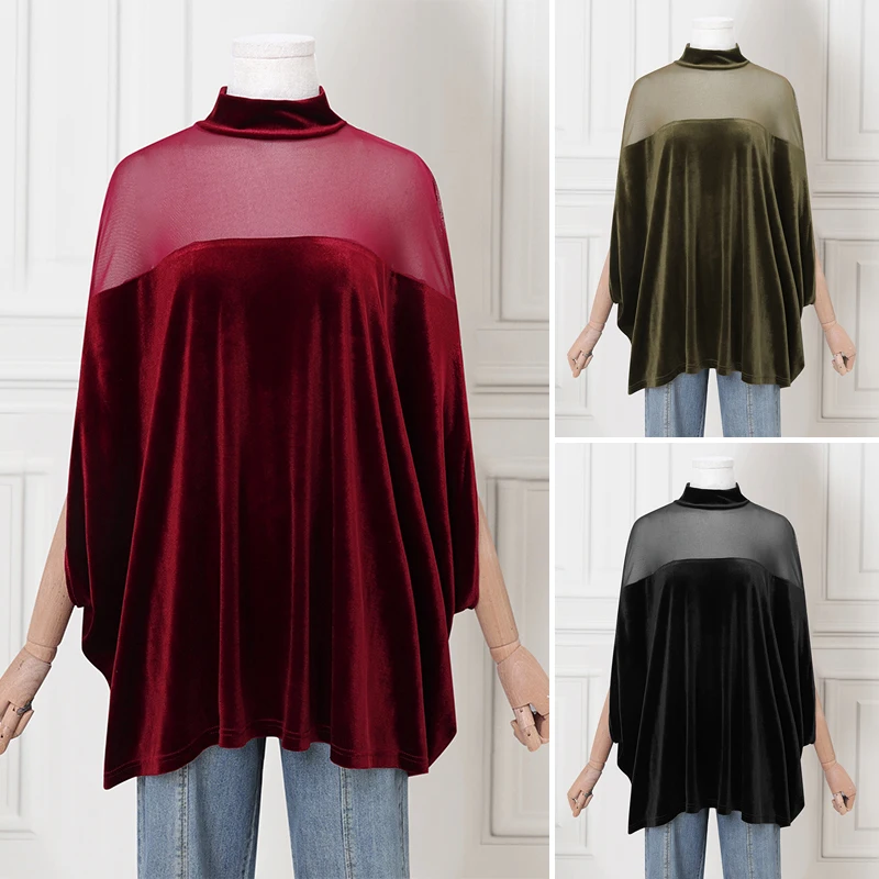 VONDA Elegante Mode Blusas Vrouwen Blouse 2026 Fluwelen Tops Mesh Patchwork Kantoor Herfst Stand Kraag Vleermuis Mouw Streetwear