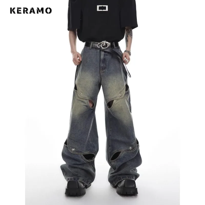 2023 Autumn Harajuku High Waist Vintage Y2K Loose Jeans Pants Women High Street Wide Leg Baggy Ripped Hollow Out Denim Trouser