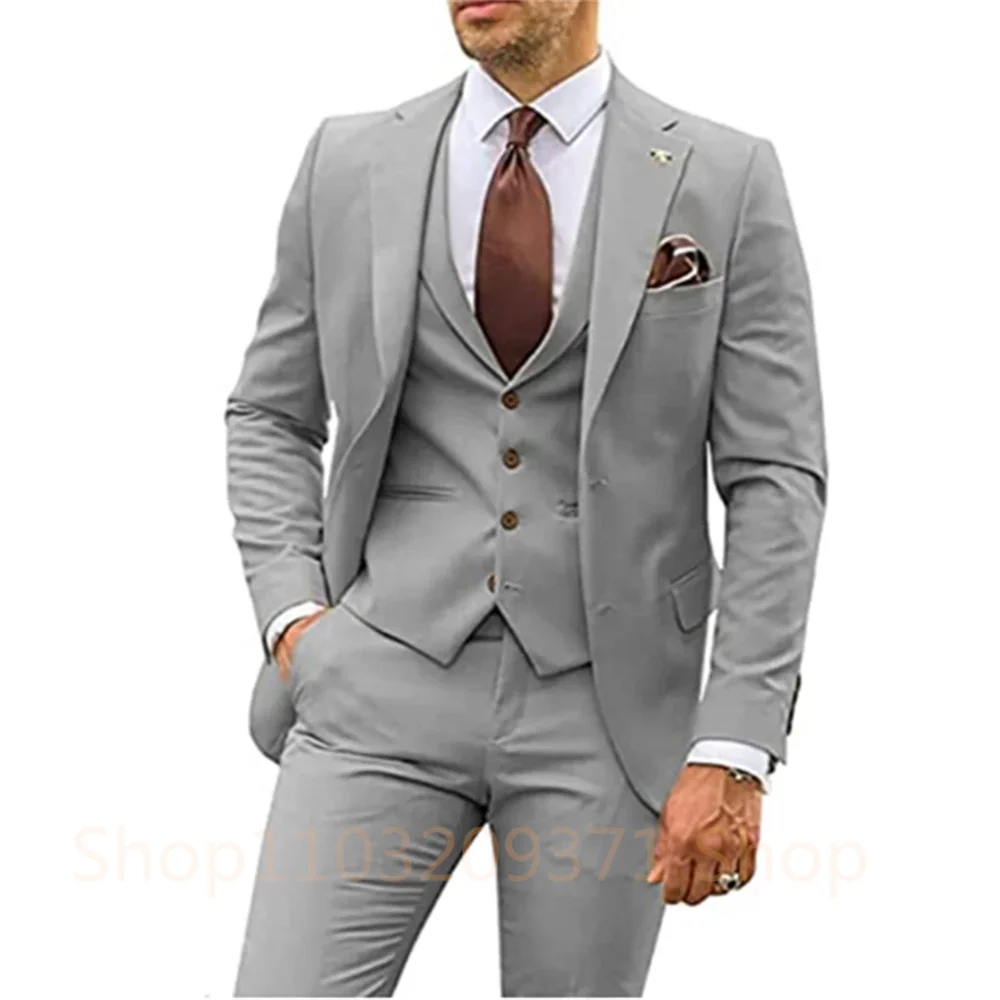 New Light Gray Groom Groomsman Men Suit Wedding Party Formal Occasions Business Male Tuxedo 3 Piece Set Jacket Vest Pants