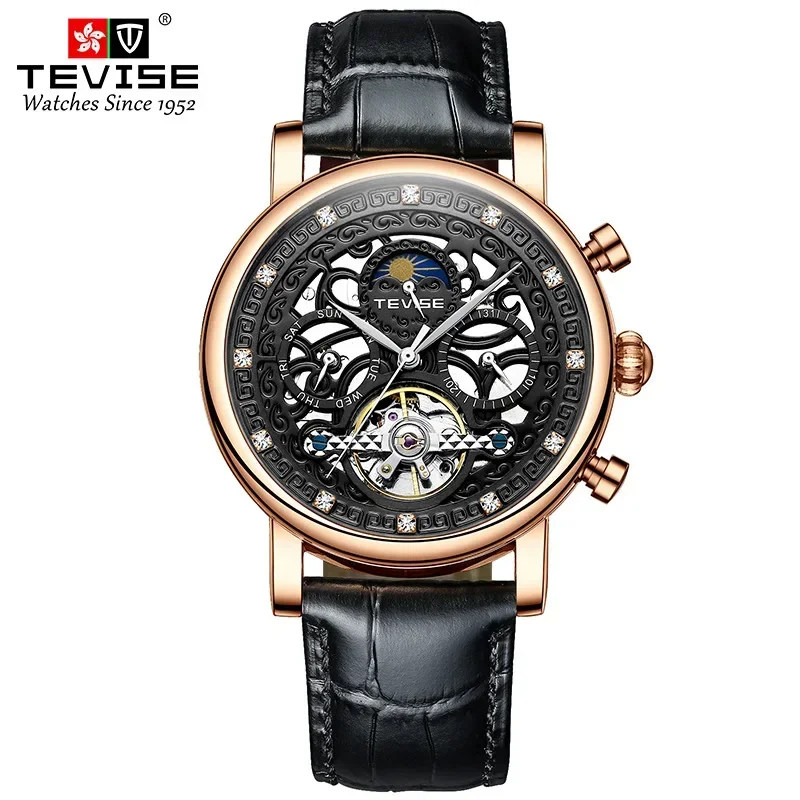 Business Diamond Day and Night Stars Hollow Tourbillon Automatic Mechanical Watch Man Double Calendar Waterproof Sports Watch