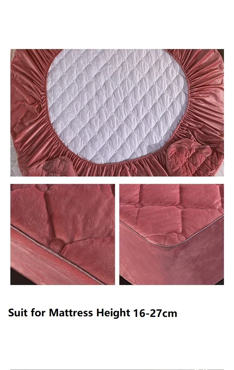 Plush Thicken Quilted Mattress Cover Warm Soft Crystal Velvet King Queen Quilted Bed Fitted Sheet Not Including Pillowcase