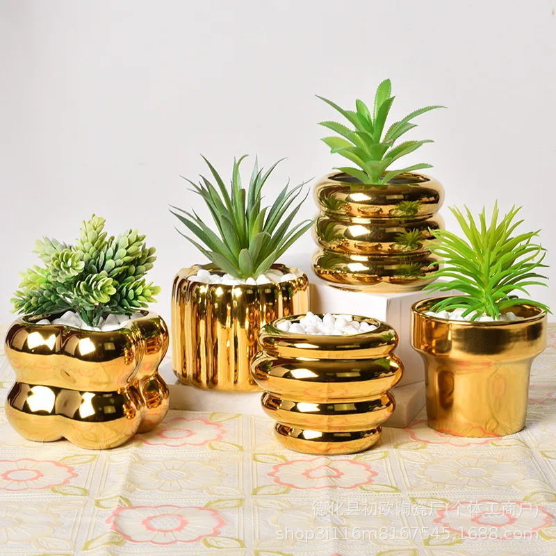 Yjq 3pcs ceramic flower pot electroplated golden Phalaenopsis simple creative green plant potted spherical flower device