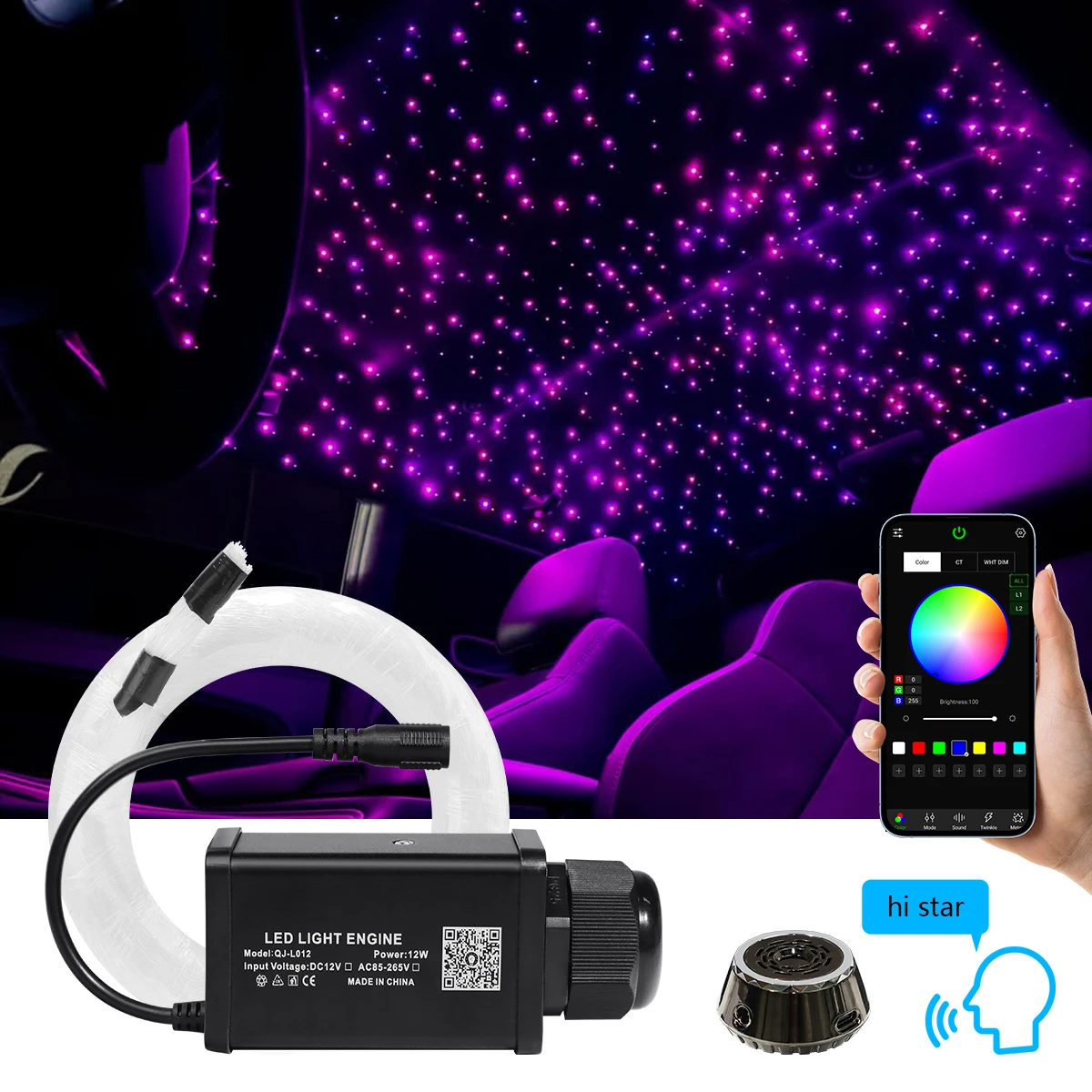 

12W RGBW Starlight Headliner Star Ceiling Car Roof Light with 2.4G Remote And Voice Control Fiber Optic Star Ceiling Lamp