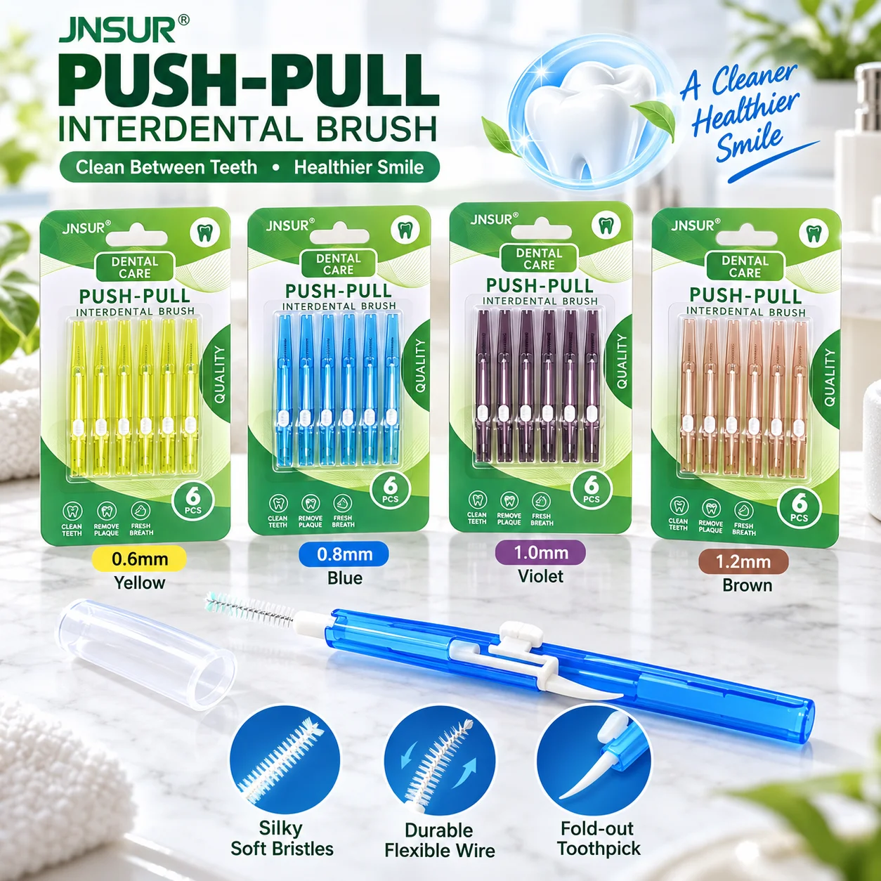 JNSUR Double Sides Push-Pull Interdental Brush Dental Cleaning Brush Soft Bristles with Fold-Out Toothpick Oral Care