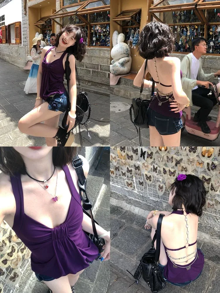 Harajuku Sexy Backless Halter Tops Hot Girls Casual Sleeveless Y2K Clothing Woman Elegant Camisole Vintage Aesthetic Singlet