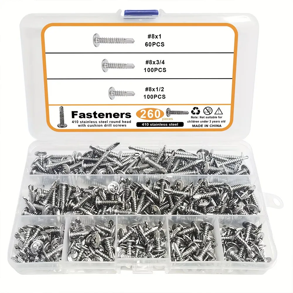 260pcs 410 Stainless Steel Self-tapping TEK Screw Set, #8 Crosshead Self-drilling Screw For Metal, Construction And Repair