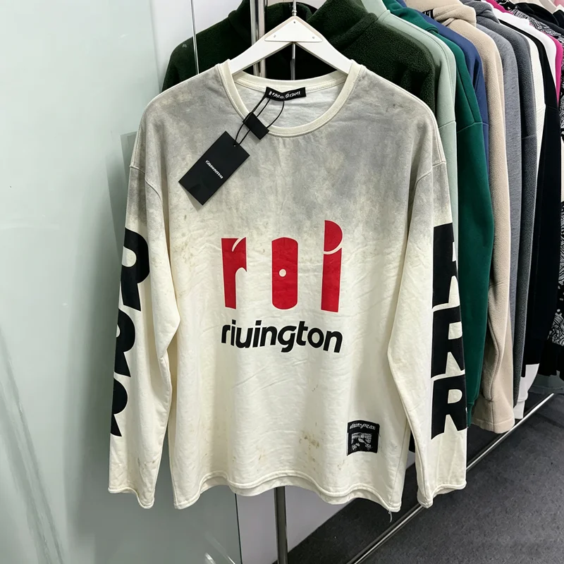 Stain RRR123 Men Vintage Gradient Long Sleeve T‑Shirt Hem Patch Label Loose Drop Shoulder Rolled Edge Washed Distressed Tops Tee