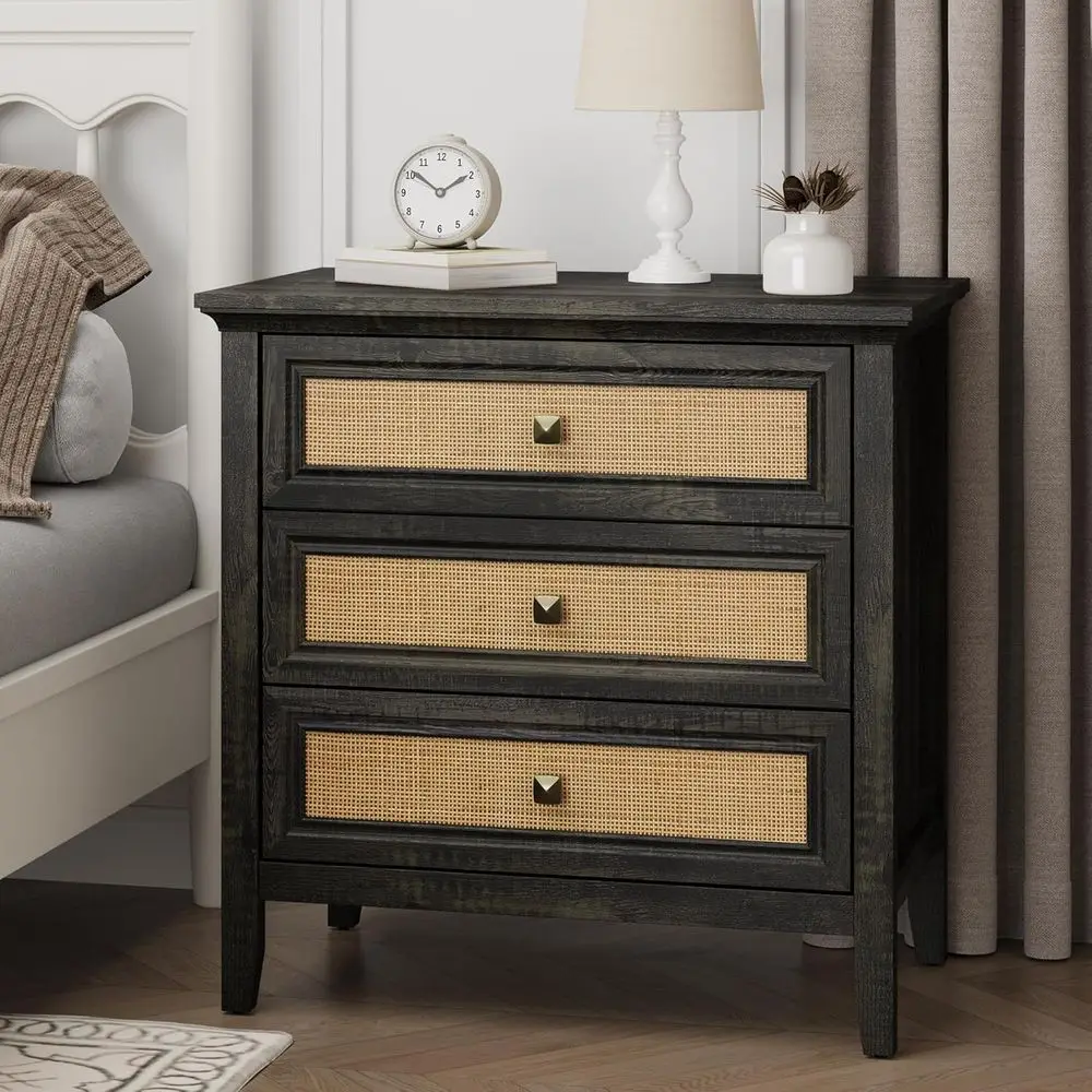 

Bohemian Style Tall Nightstand for Bedroom, 3-Drawer Wood Side Table for Home and Office