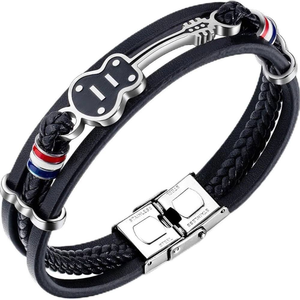 Titanium Steel Men's Leather Cuff Bracelets Punk Multi-layer Cowhide Hand Woven Rope Bangle Guitar Wrist Strap