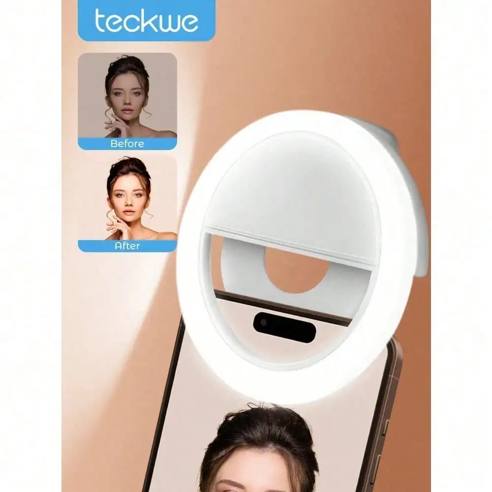

Светодиодная кольцевая лампа Teckwe для селфи, перезаряжаемая, портативная, с креплением-клипсой, 4 уровня регулировки яркости, для фотосъемки на смартфоне, Came