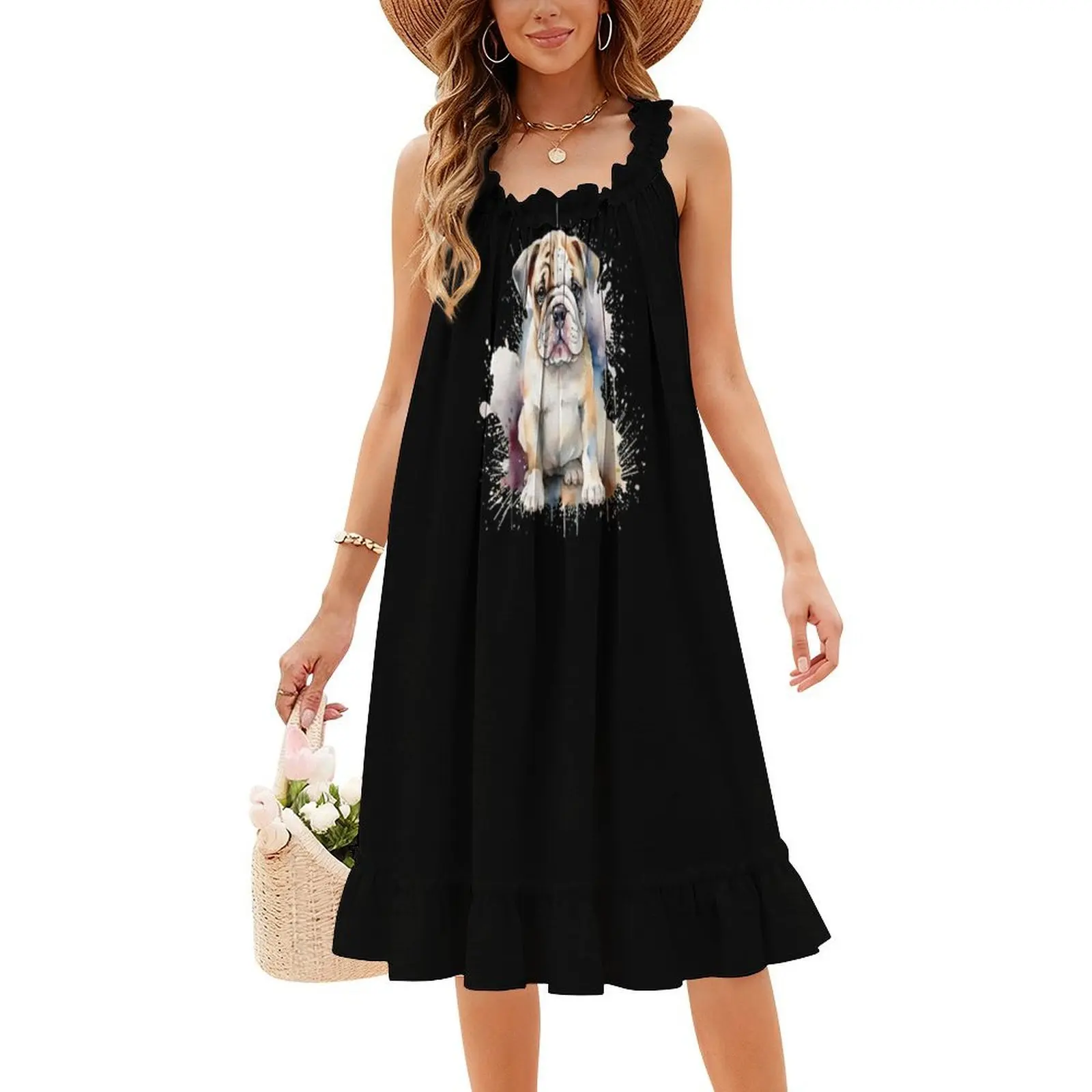 الملونة المائية الإنجليزية البلدغ جرو الكورية نمط فستان كاجوال للنساء بسيط اليومية مكتب سيدة فساتين الإنجليزية البلدغ #4