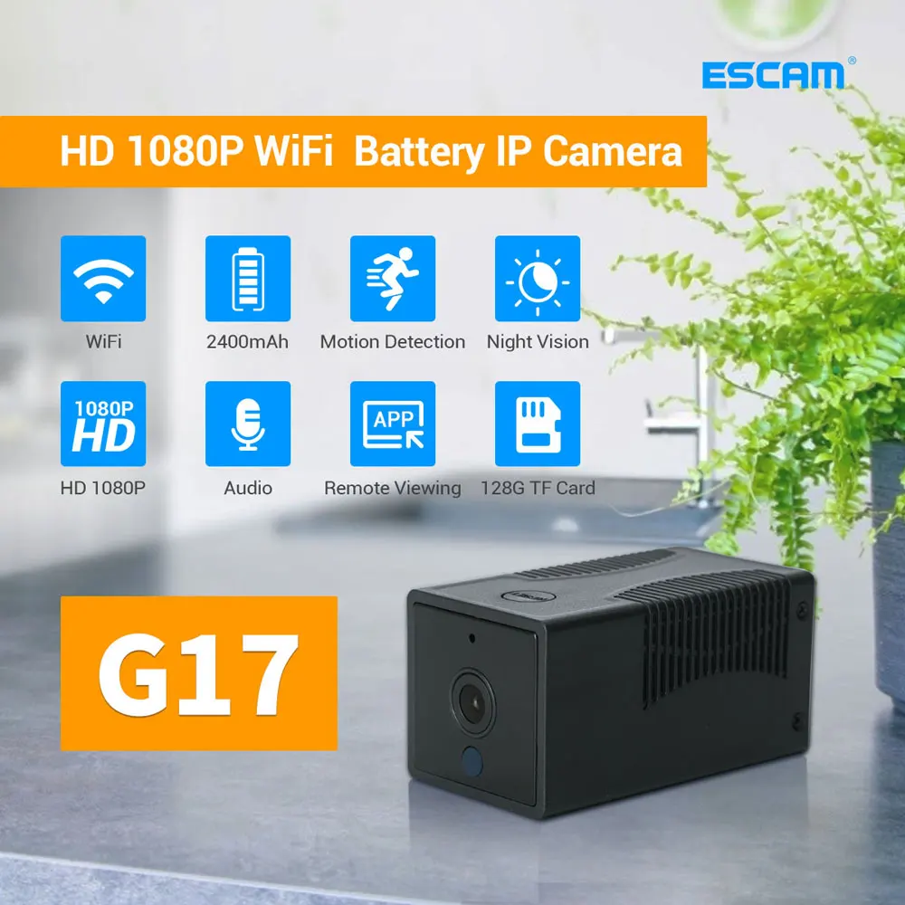 ESCAM G16/G17 1080P Mini WiFi Night Vision Battery Camera with Audio Support AP Hotspot 64GB Card Video Recorder