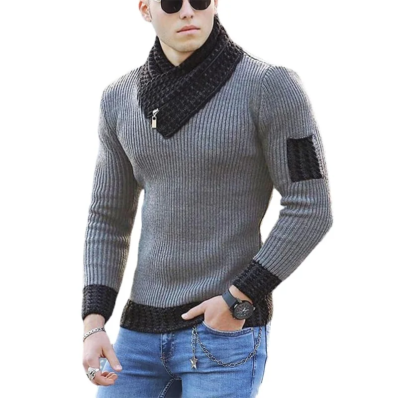 

Nice Long Sleeve Scarf Collar Color Block Sweater Men's Autumn and Winter Casual Slim Knit Sweater Pullover Harajuku Sweater