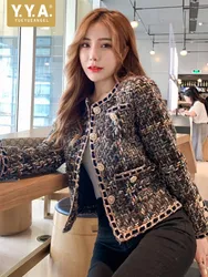 Autumn Winter Tweed Jackets Women Streetwear O-Neck Plaid Full Sleeve Outerwear Office Ladies Pockets Single Breasted Short Coat