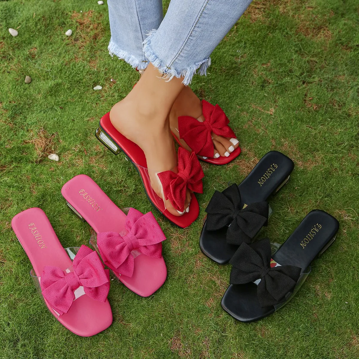 New Women's Shoes New Fashion Slippers with Bow Buckle Versatile Solid Color Decorative Round-Toe Flat Sandals