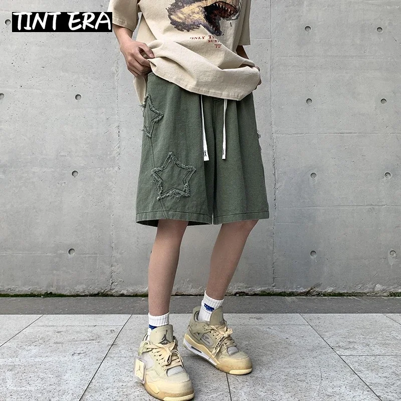 TINT ERA Y2K Mens Streetwear Breeches Star Korean Haruku Pocket Denim Hip Hop Cargo Short Pants Grunge Bermudas Jeans Shorts