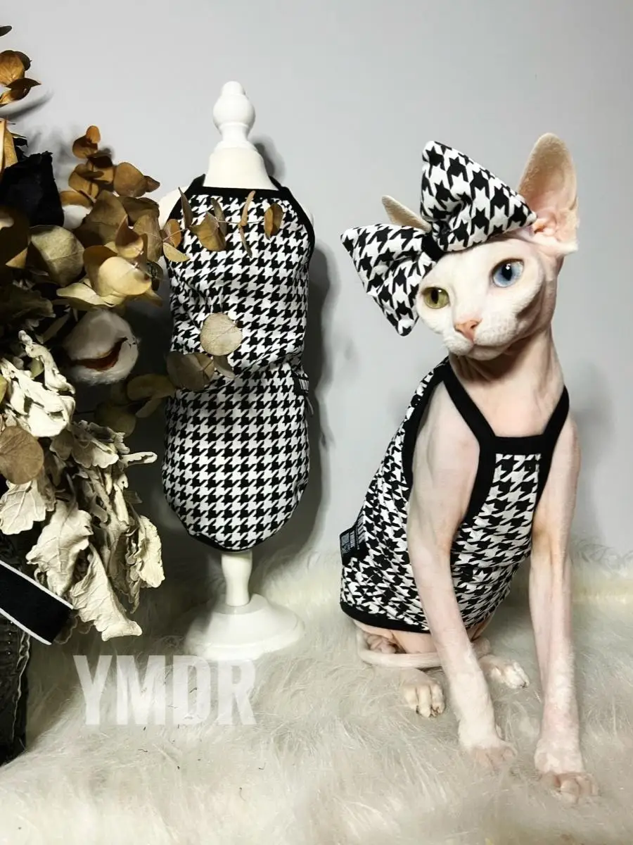 Summer Cotton Vest Hat Suit for Sphynx Cat Cooling Fashion Black Plaid Coat with Bowknot for Kittens Spring for Devon Rex