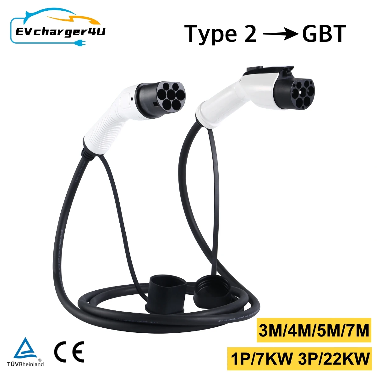 EVcharger4U Type2 to GBT EV Charging Cable 3M/5M/7M 1Phase/3Phase 32A 7KW/22KW Type 2 GB/T for Public Socket EVSE Charger