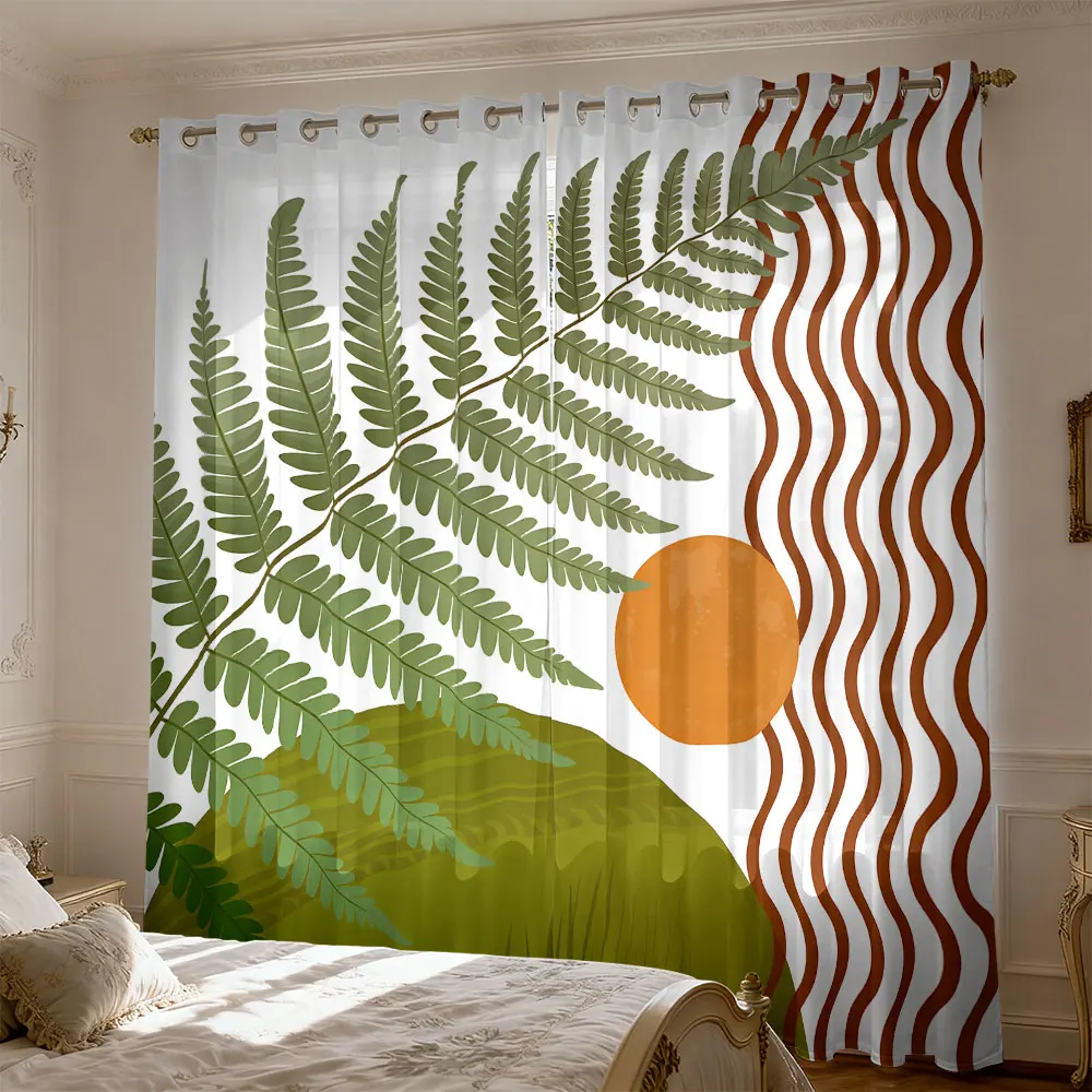 2PCS Retro Fern Leaf Sunset Wave Pattern Eyelet Blackout Curtains Privacy Window Drapes For Living Room Bedroom Home Decor