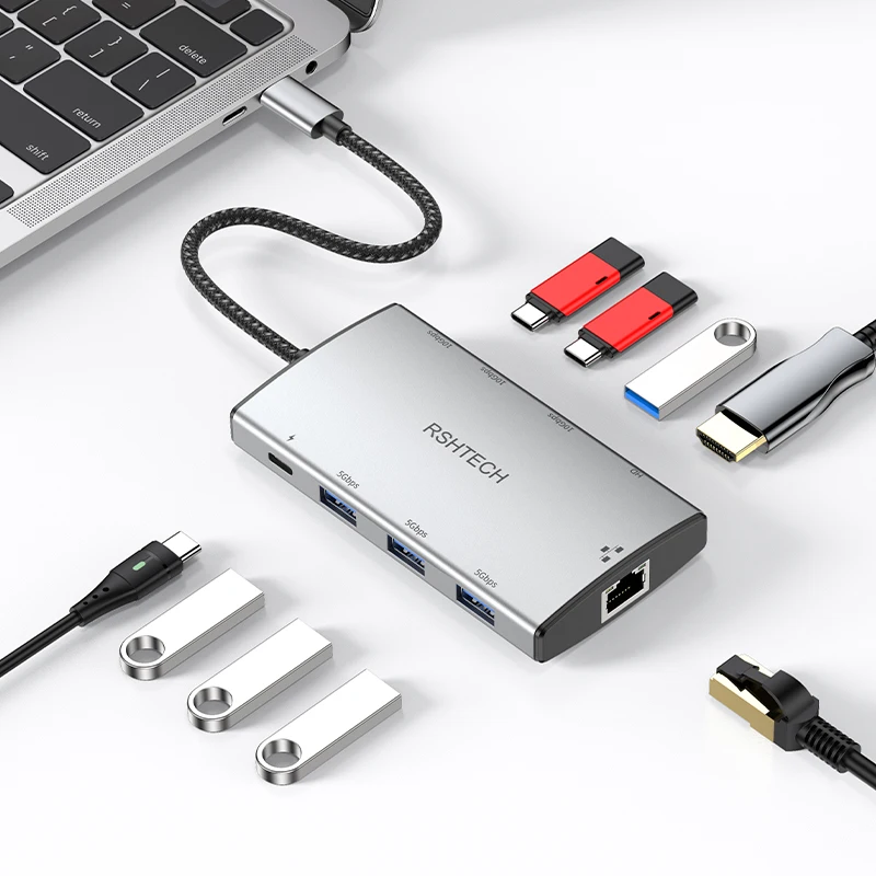 RSHTECH 9-in-1 Multiport USB C Hub with RJ45 1Gbps Ethernet Adapter 4K@60Hz 10Gbps 3x USB3.2 Ports and 100W PD USBC Dock for Laptops MacBook with Type-C/Thunderbolt Port