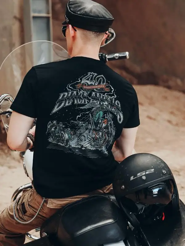 Loose Fit Cotton Skeleton Print T-Shirt Men's Streetwear Hip Hop Biker Style Half Sleeve Casual Tee for Teenagers Summer Wear