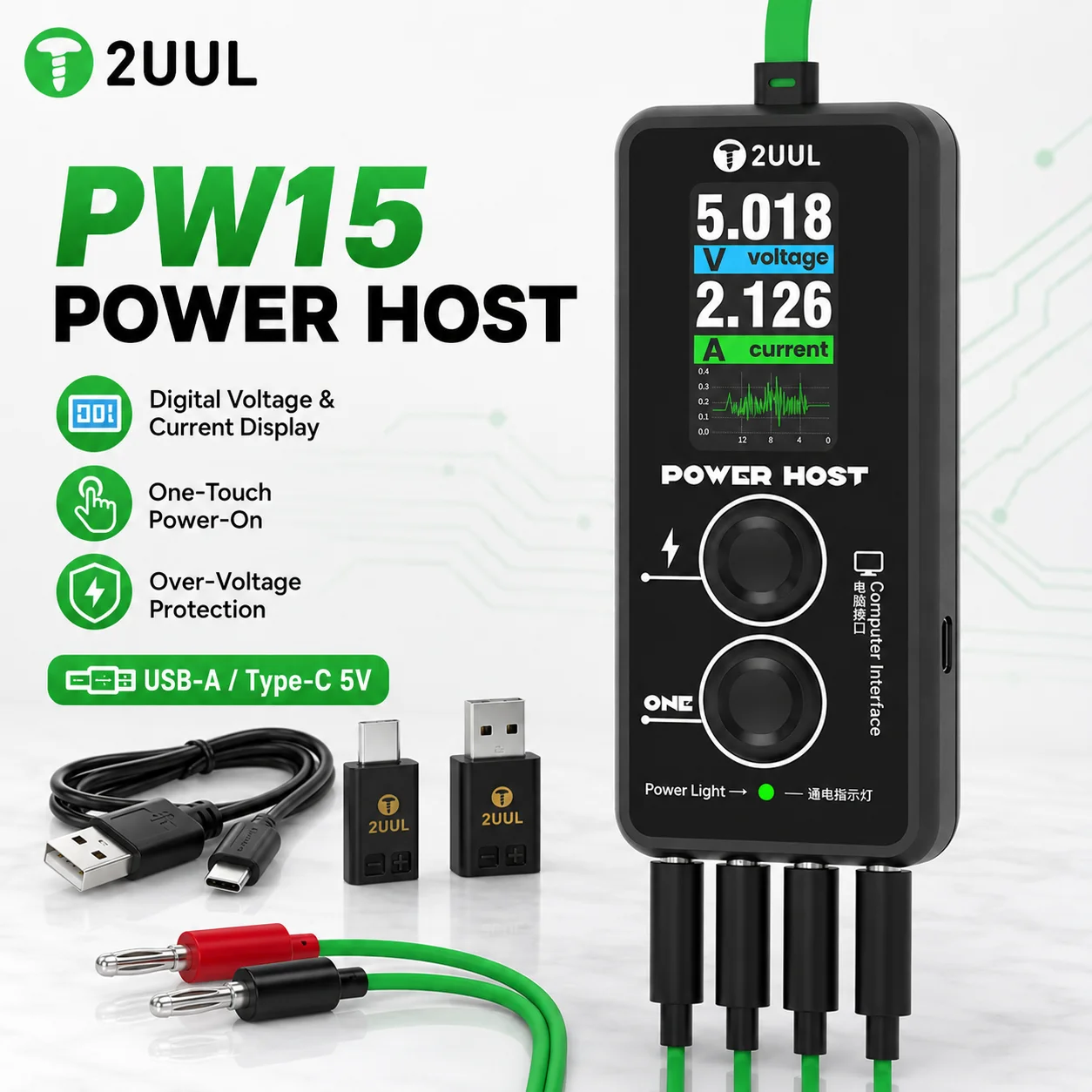 2UUL PW15 Power Host Digital Voltage Current Display Phone Repair Power Box USB-A Type-C 5V One-Touch Overvoltage Protection
