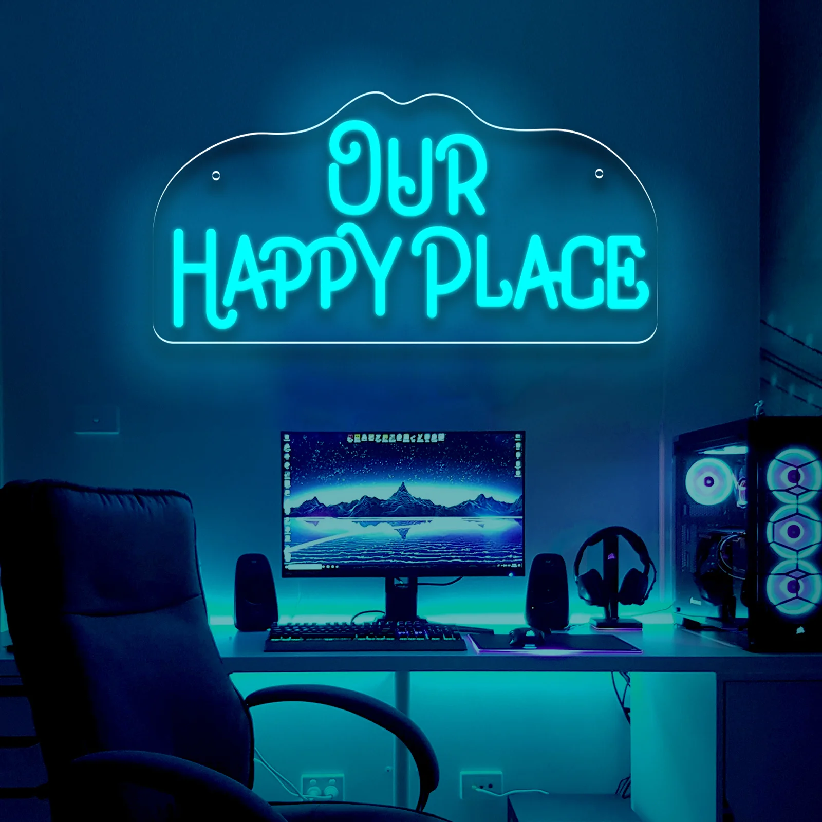 ไฟนีออน LED รูปแบบ Our Happy Place ปรับความสว่างได้ด้วย USB สำหรับตกแต่งบ้าน ห้องนอน งานแต่งงาน งานหมั้น โรงแรม ผนัง เหมาะเป็นของขวัญสุดโรแมนติกสำหรับคู่รัก