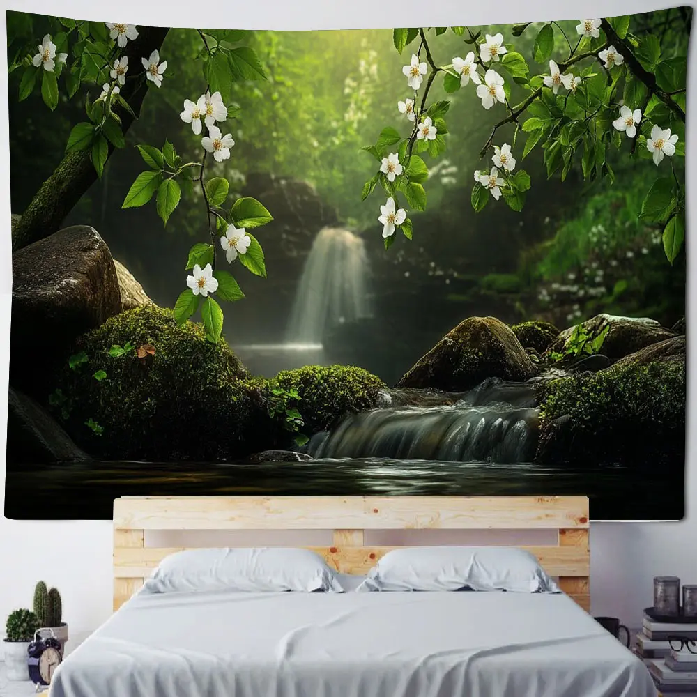 Beautiful forest waterfall scenery decoration under warm sunshine, tapestry, picturesque landscape decoration
