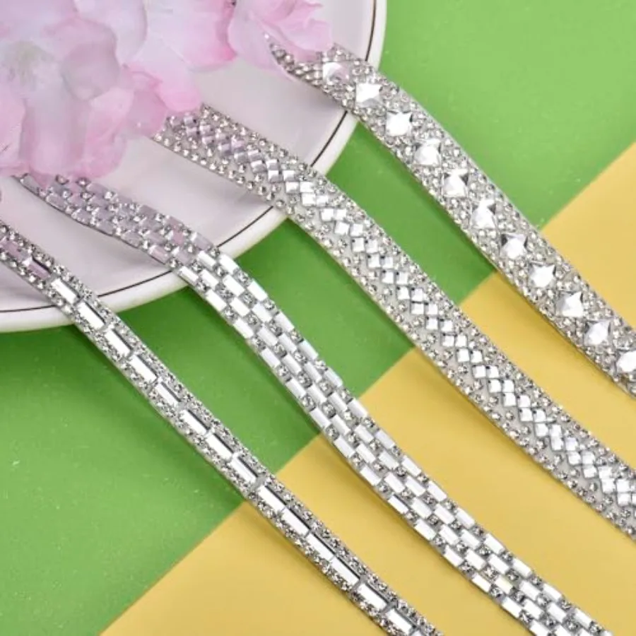 4 Rolls Bling Rhinestone Ribbon Crystal Strips 4 Styles Self Adhesive Glass Crystal Sticker Rhinestone Tape for DIY Car Decorat