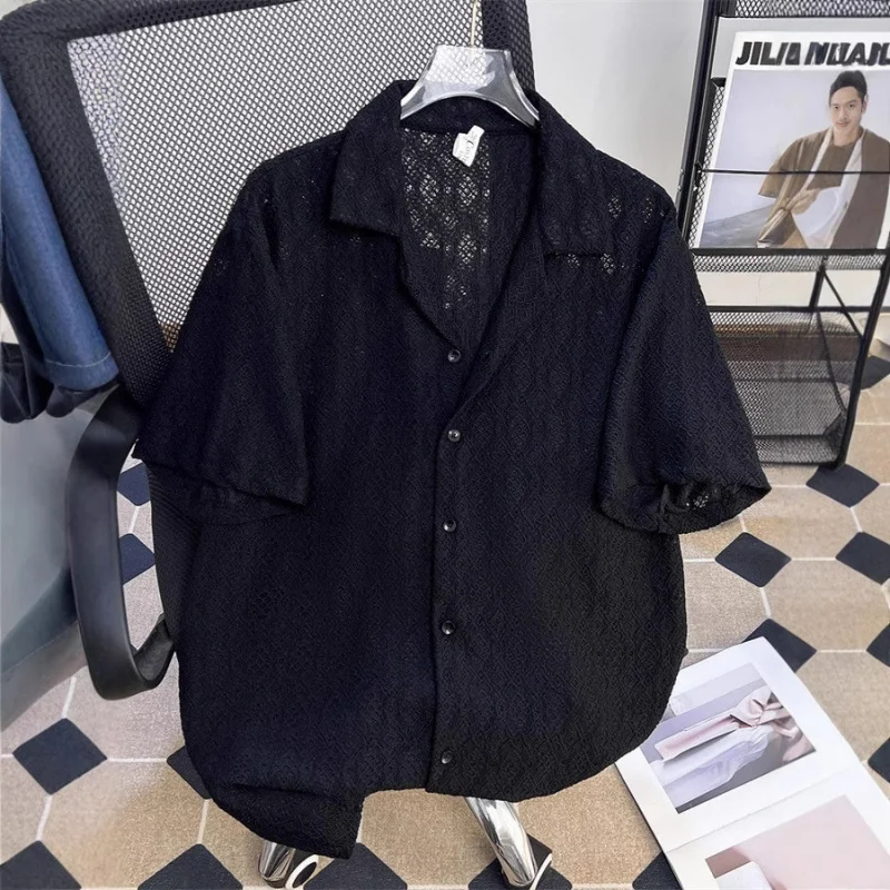 Summer Thin Hollow Out Short Sleeve Shirt For Men Women Korean Style Fashion Breathable Half Sleeve Blouse Casual Loose Top