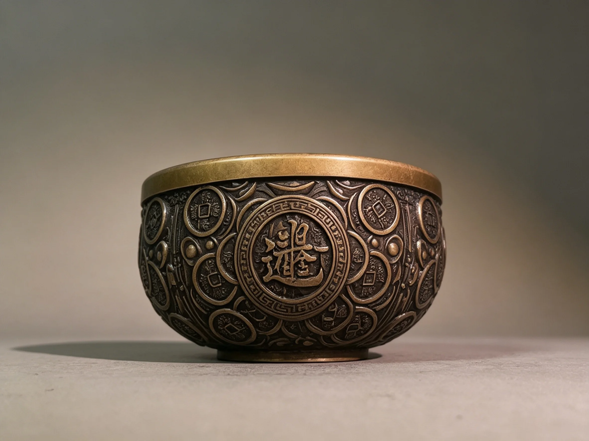 Vintage Creative Pure Copper Coin Bowl Craft, Antique Copper Ornament for Home Study, Collectible Decor Display for Antique Shel