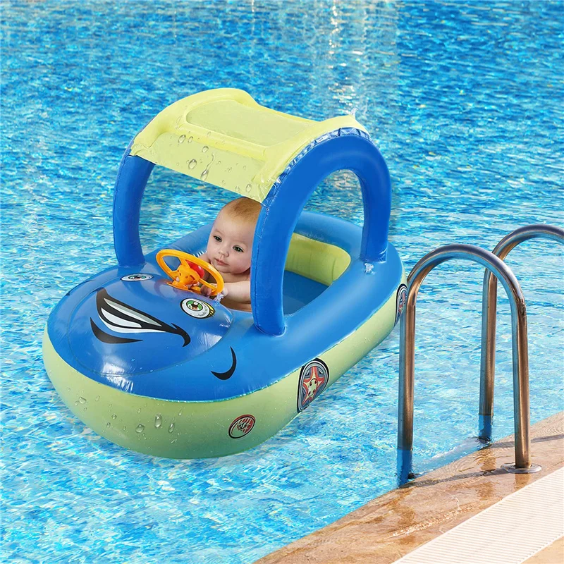 Inflatable Swimming Ring Car Baby Pool Float with Sun Protection Canopy Seat Boat for Kids Toddlers