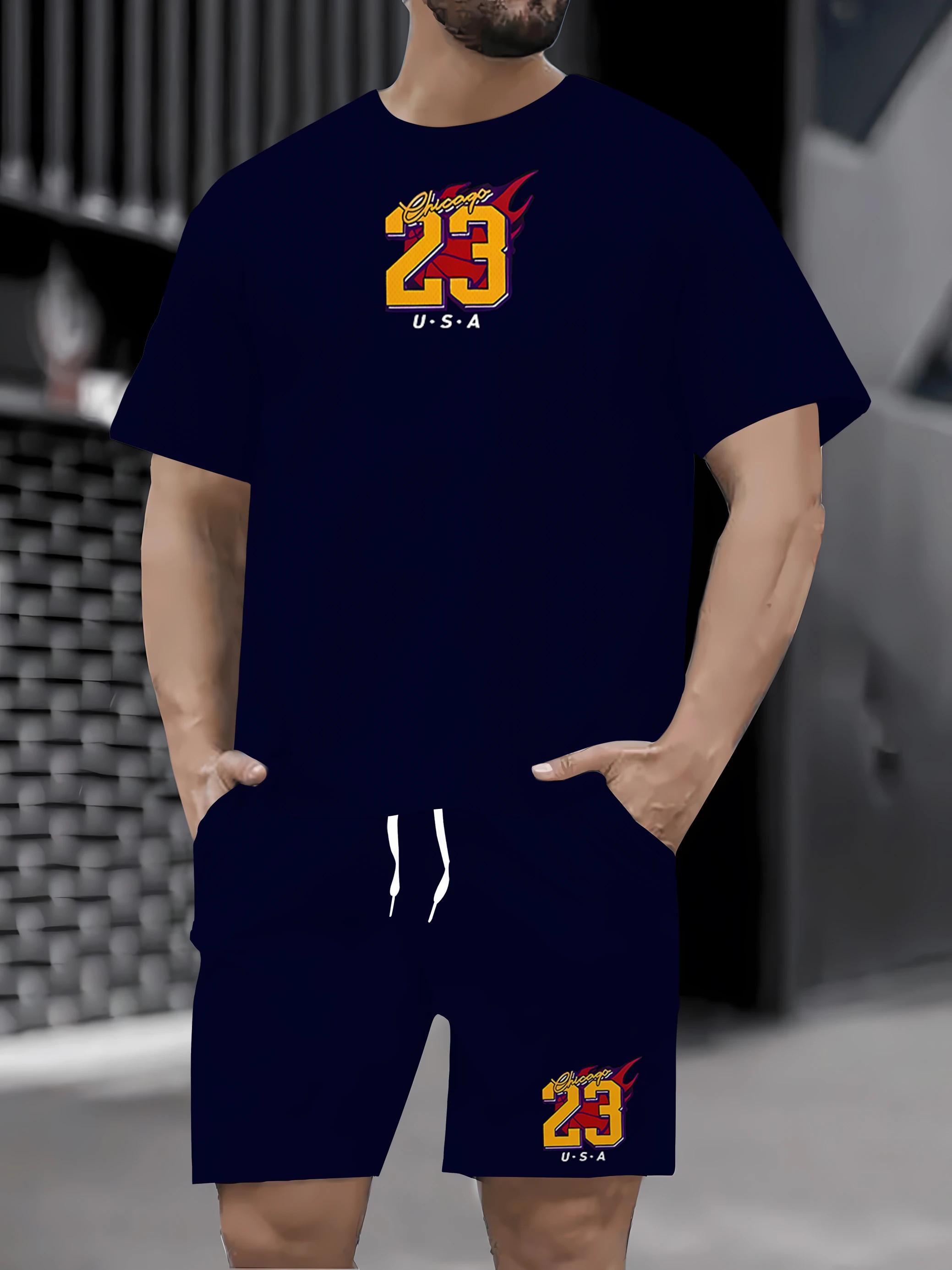 

2025 Summer Pattern Printed Men's Two piece Fashion Casual Clothing Set, featuring a round neck short sleeved T-shirt and drawst