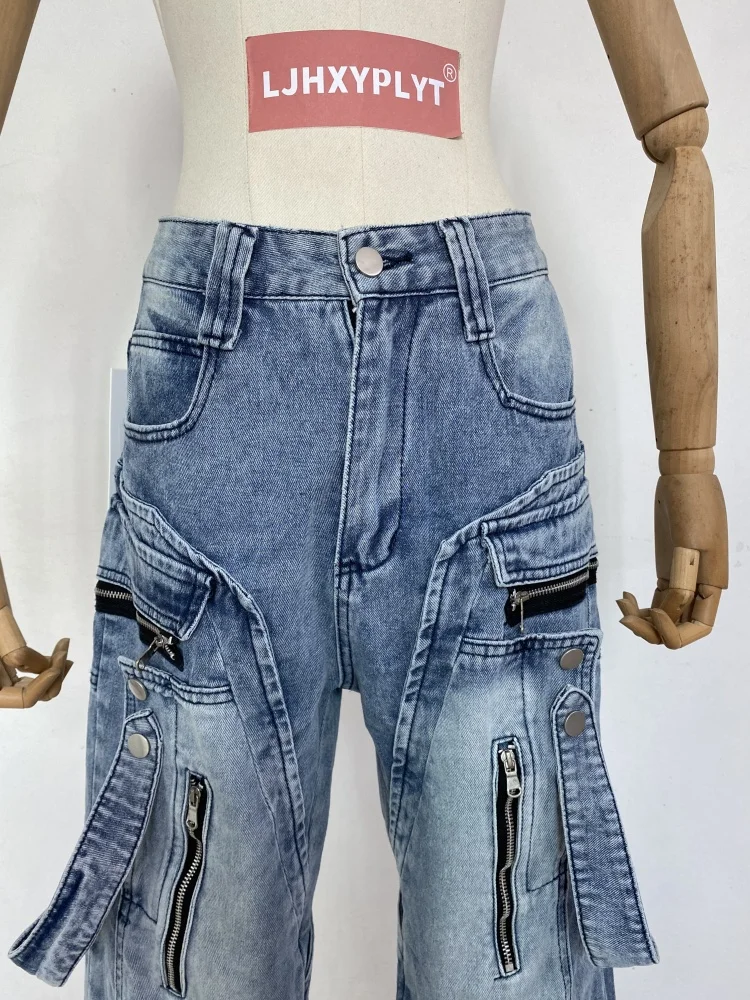 Women's Structural Splicing Vibe Blue Straight Denim Pants Unisex High Waist Jeans Vintage Bottoms Female Wide-leg Trousers